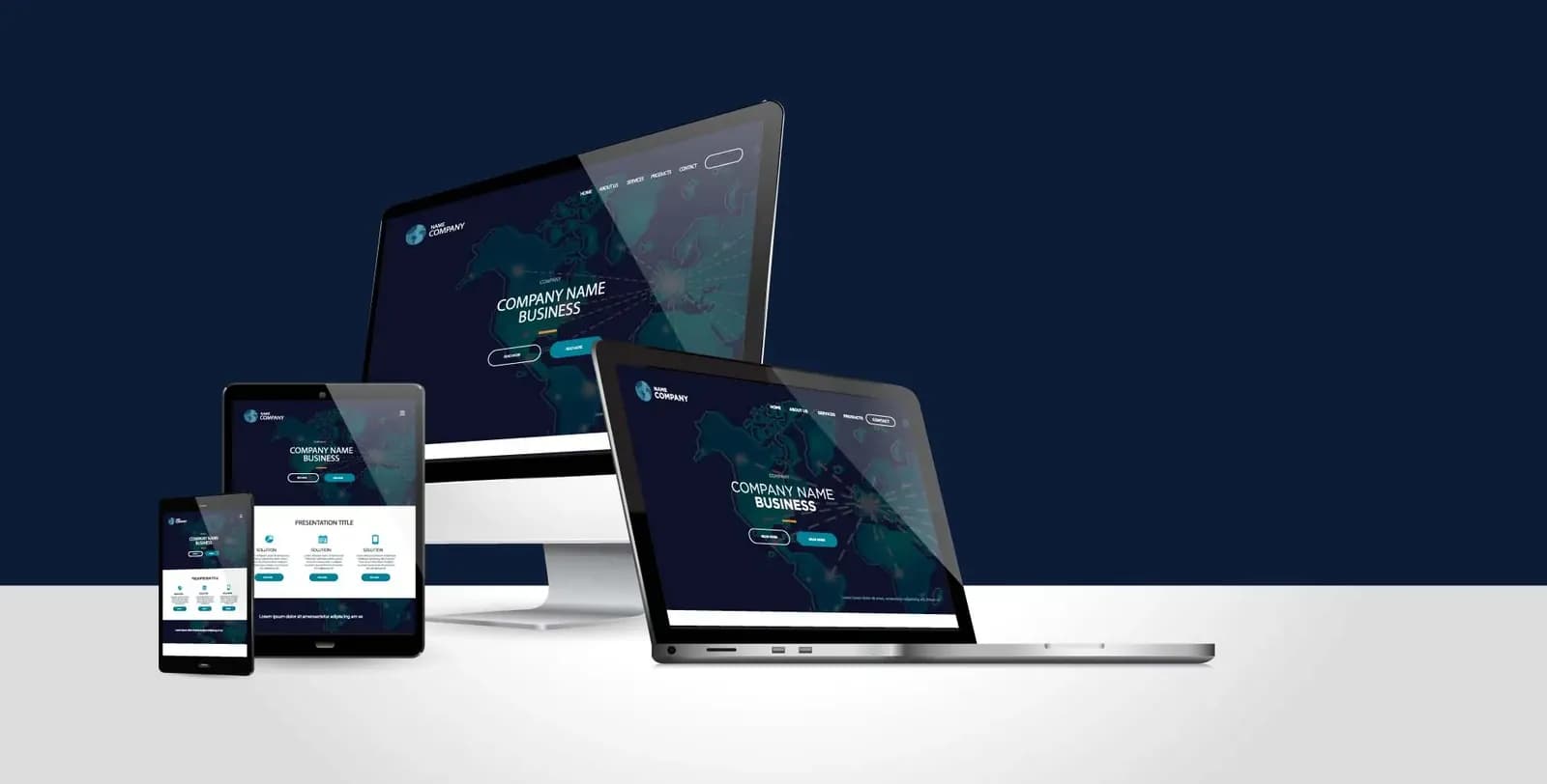 A business website shown on a desktop, laptop, tablet and phone
