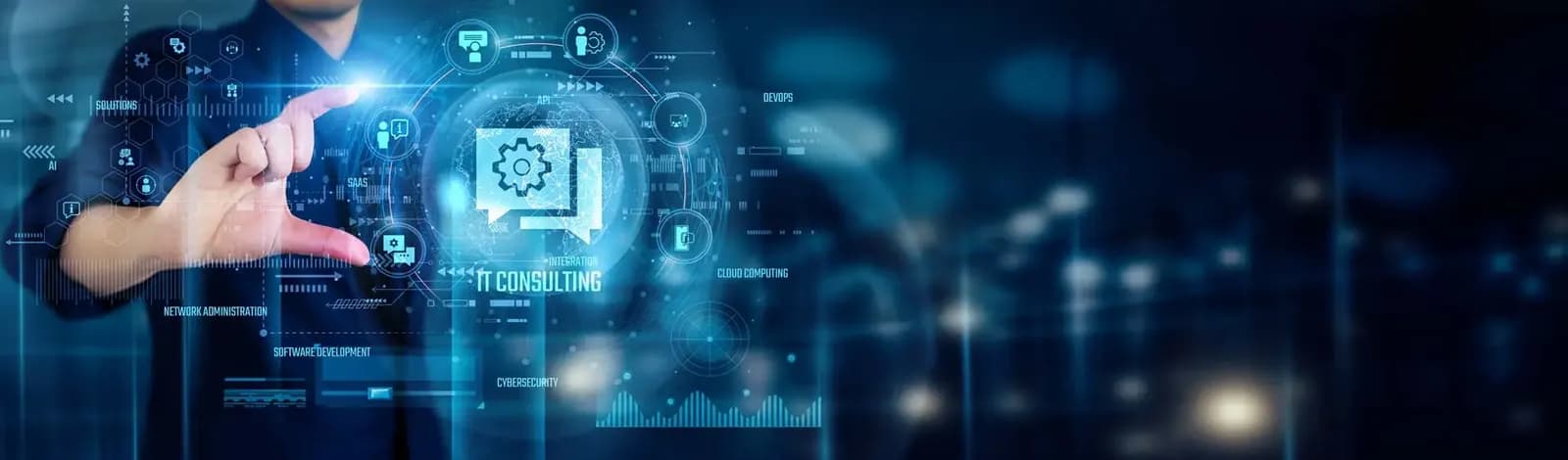 Hands working with digital technology icons, representing AI and search