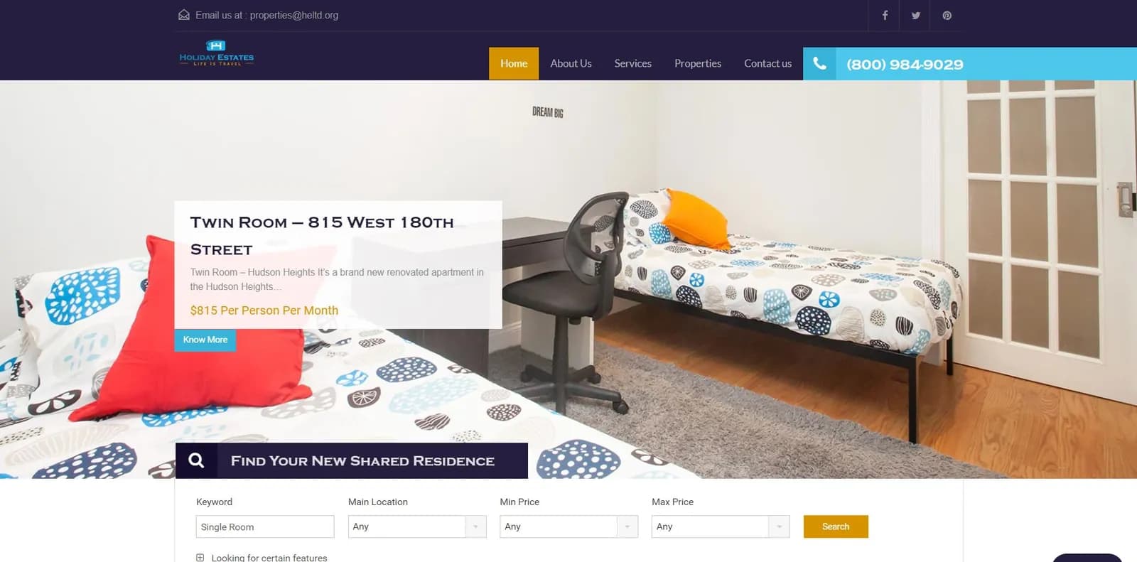 Homepage of the Holiday Estates USA website, designed by Web by Wire
