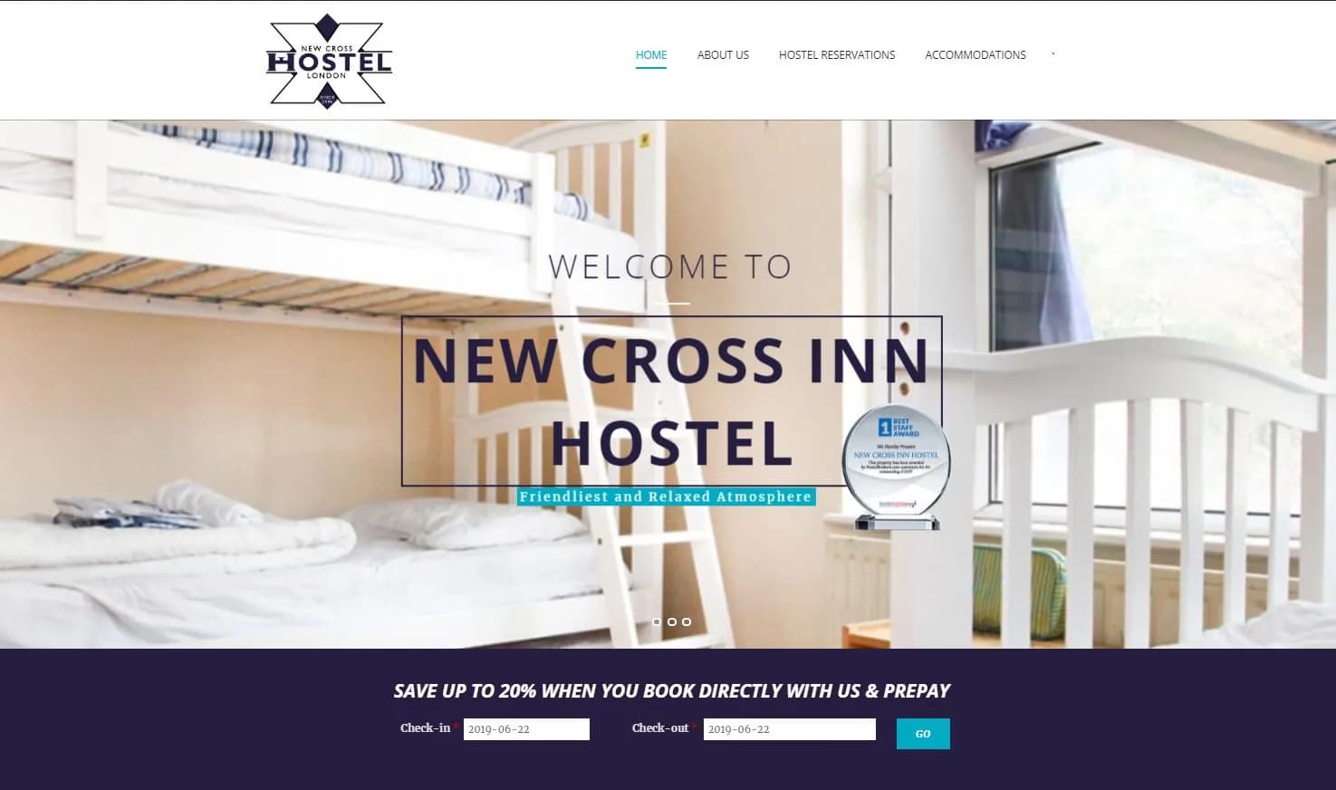 Homepage of the New Cross Inn Hostel website, designed by Web by Wire