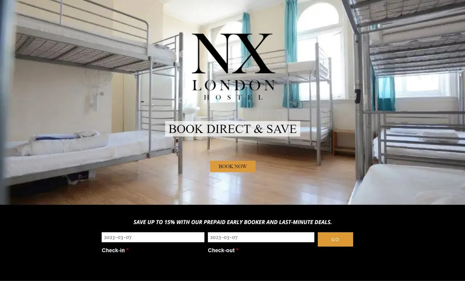 Homepage of the NX London Hostel website, designed by Web by Wire