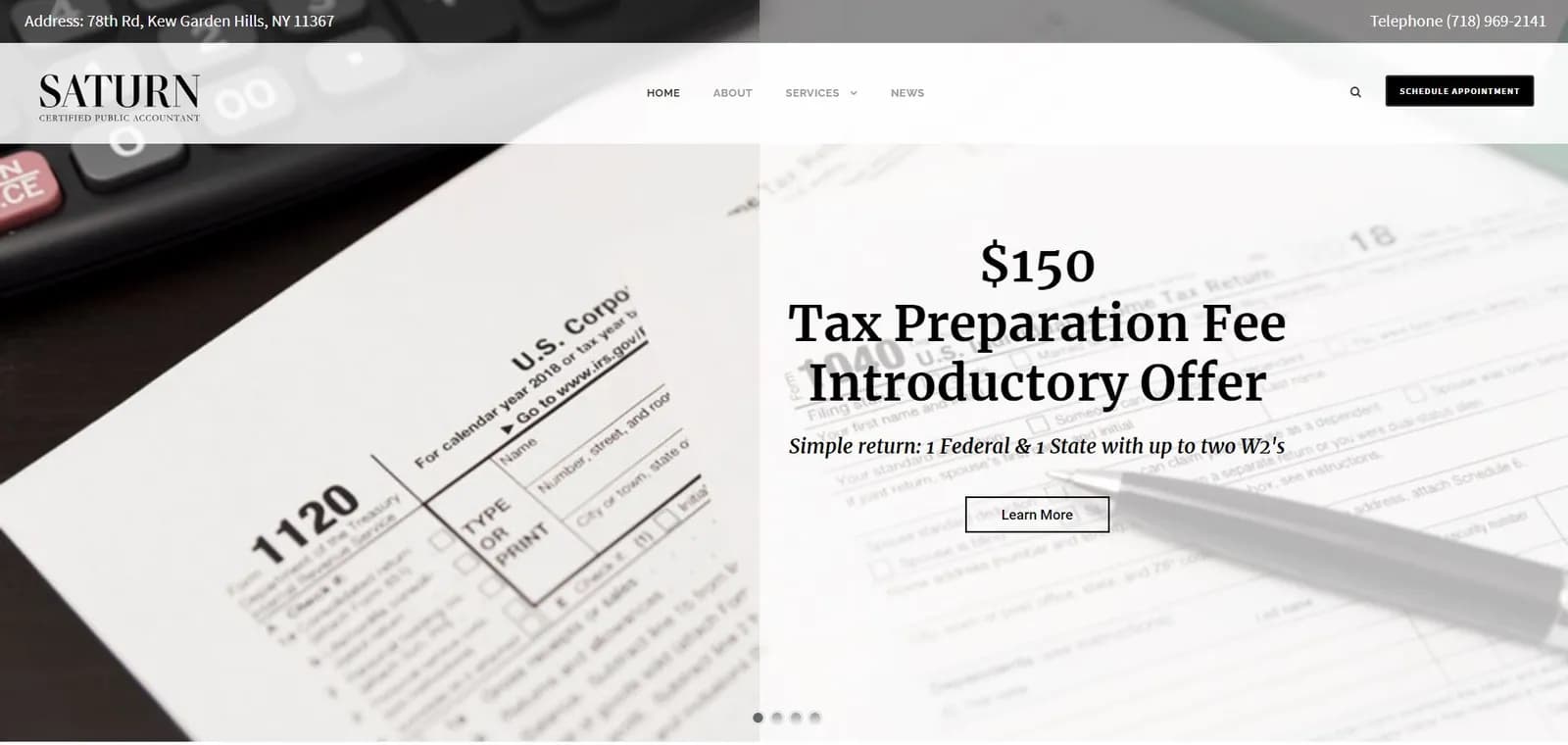 Homepage of the Saturn CPA website, designed by Web by Wire