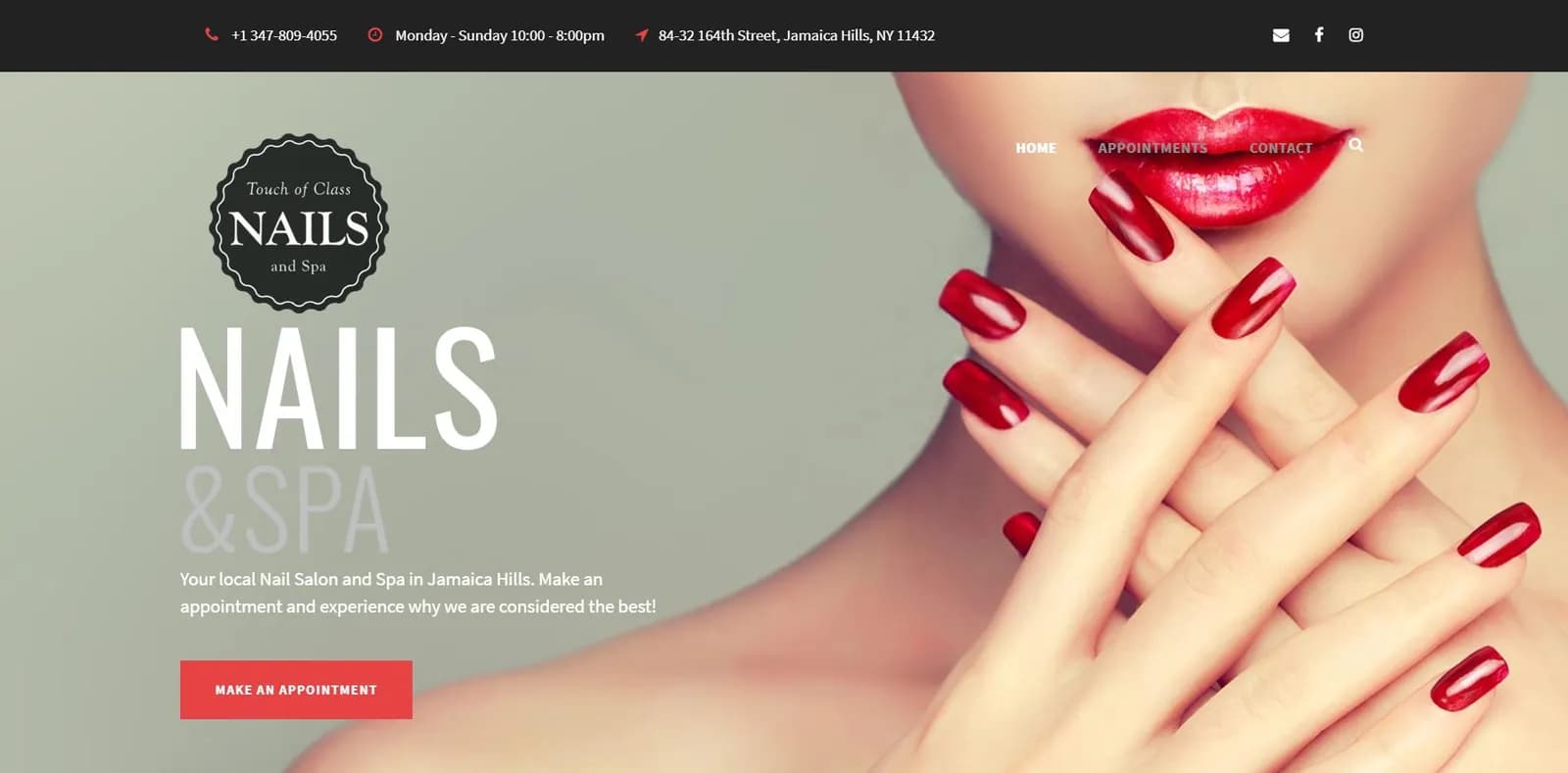 Homepage of the Touch of Class Nails & Spa website, designed by Web by Wire